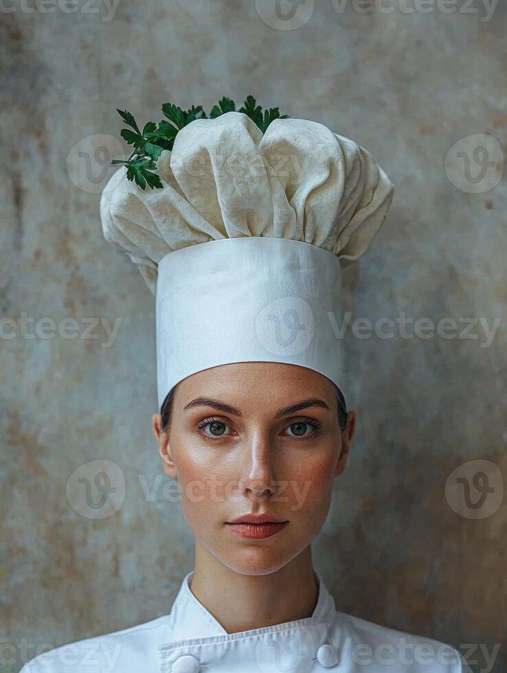 Female chef in white uniform and tall chef hat with parsley garnish photo