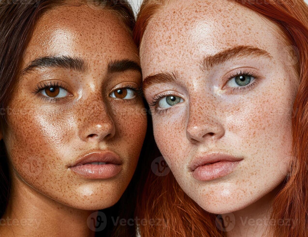 Close up of two women with freckles, one with tan skin and the other with fair skin photo