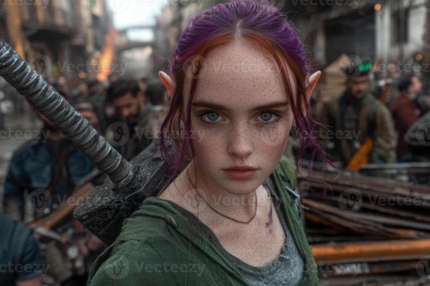 Young woman with purple hair and elf ears, carrying a sword, in a post apocalyptic city photo