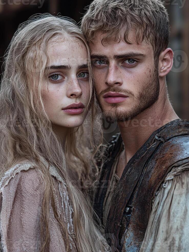 Close up portrait of a young couple in medieval clothing photo