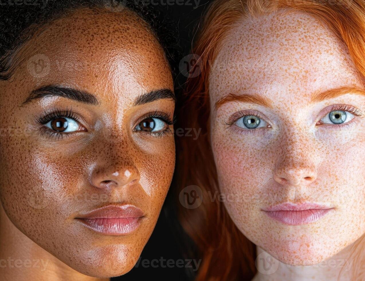 Close up of two women with freckles, one with dark skin and one with light skin photo