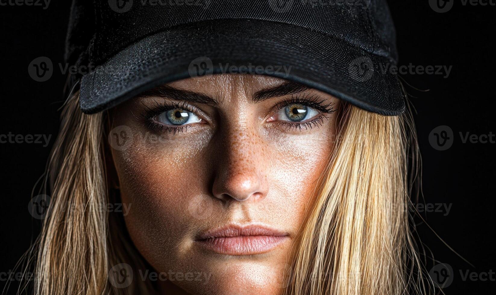 Close up portrait of a young woman with freckles and blue eyes wearing a black baseball cap photo