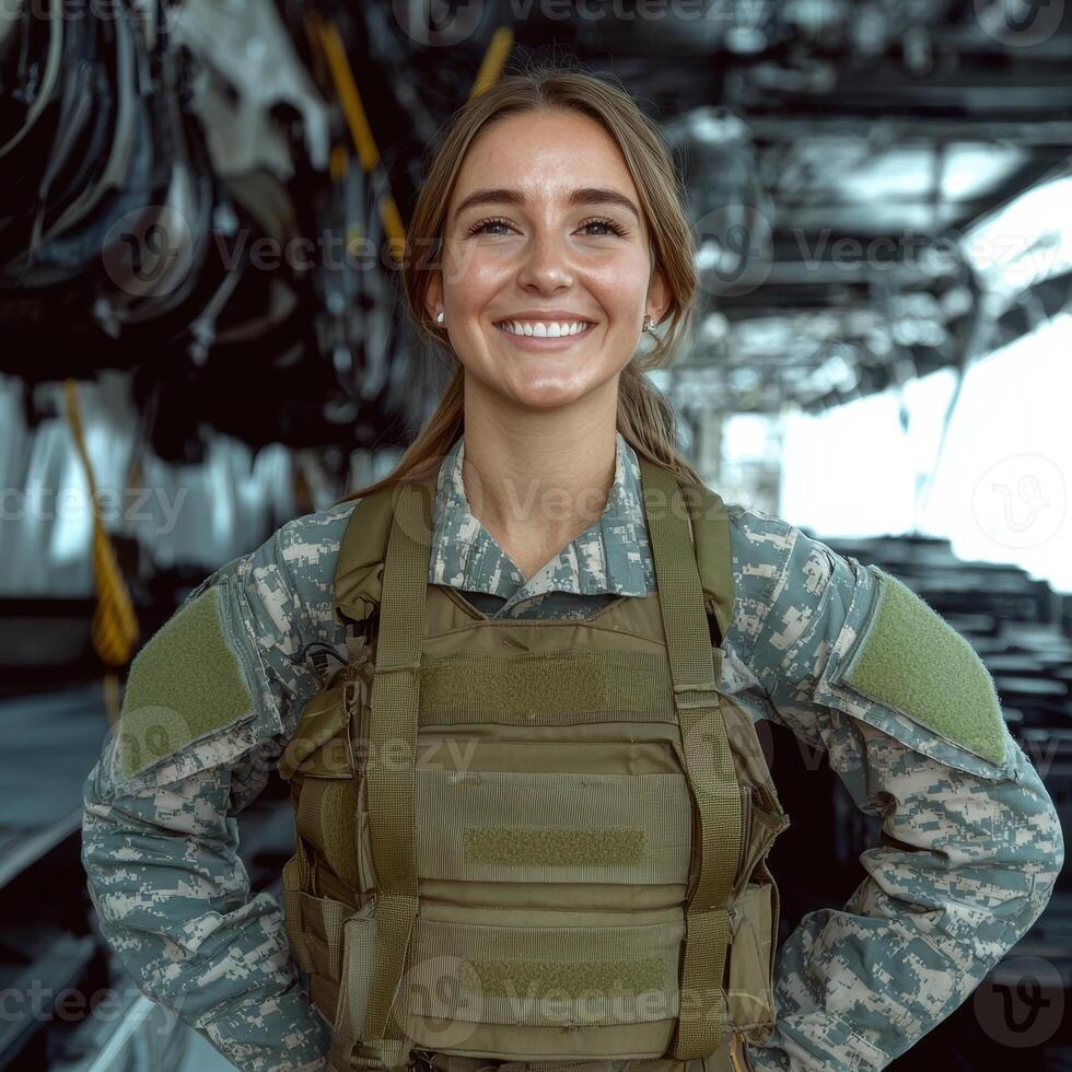 Smiling female soldier in camouflage uniform and tactical vest photo