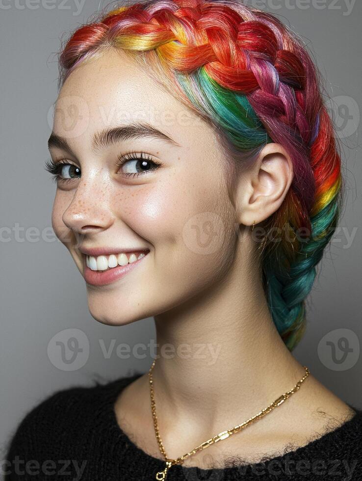 Woman with rainbow braided hair smiling photo