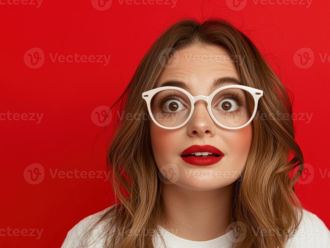 Surprised woman with glasses looking at something amazing photo