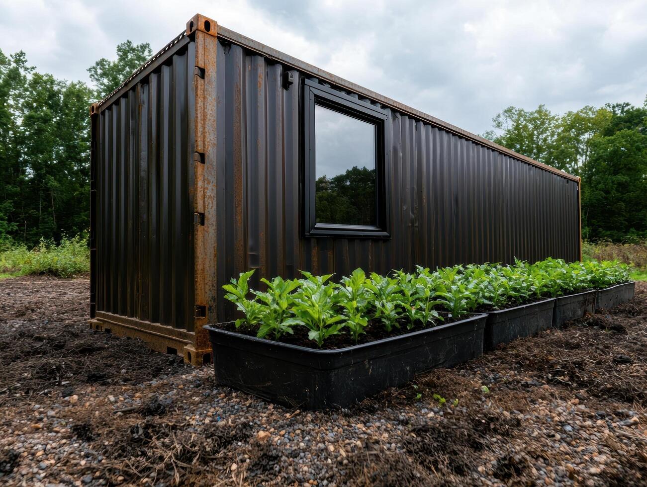 Modern tiny home made from a shipping container in the woods photo