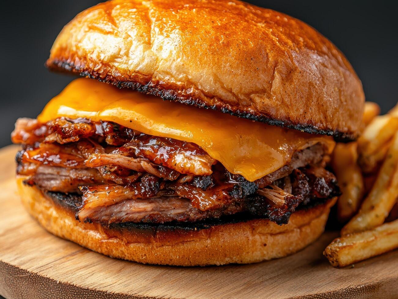 Juicy BBQ Pulled Pork Sandwich with Melted Cheese and French Fries photo