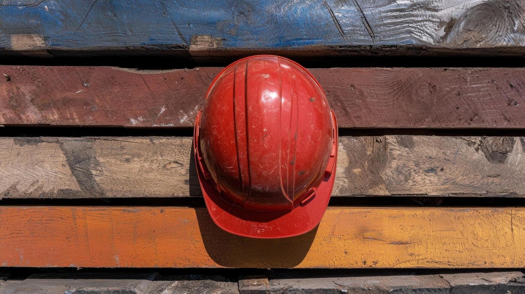 Red hard hat on a stack of wooden planks photo