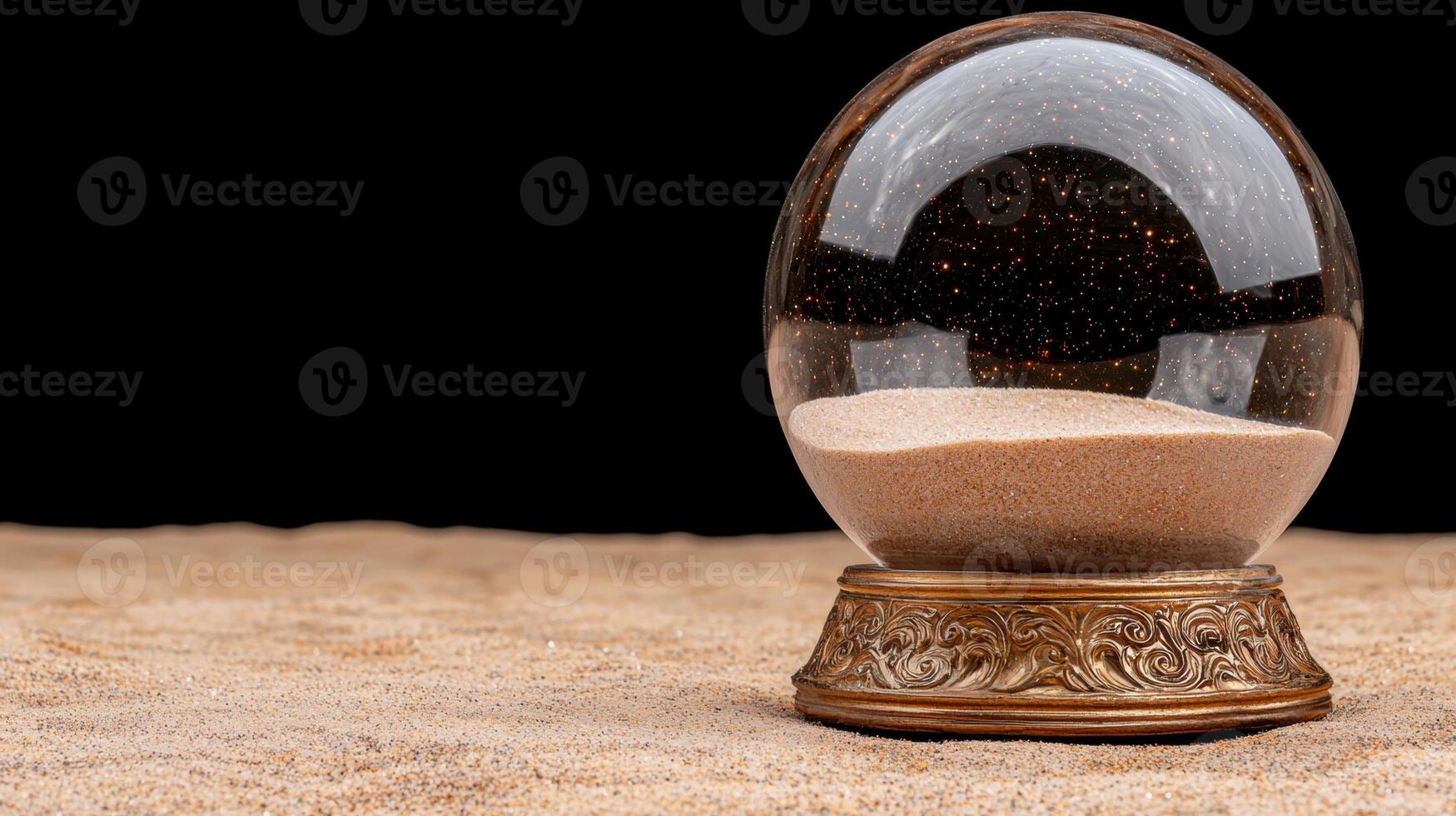 Ornate gold snow globe with sand on a sandy surface photo