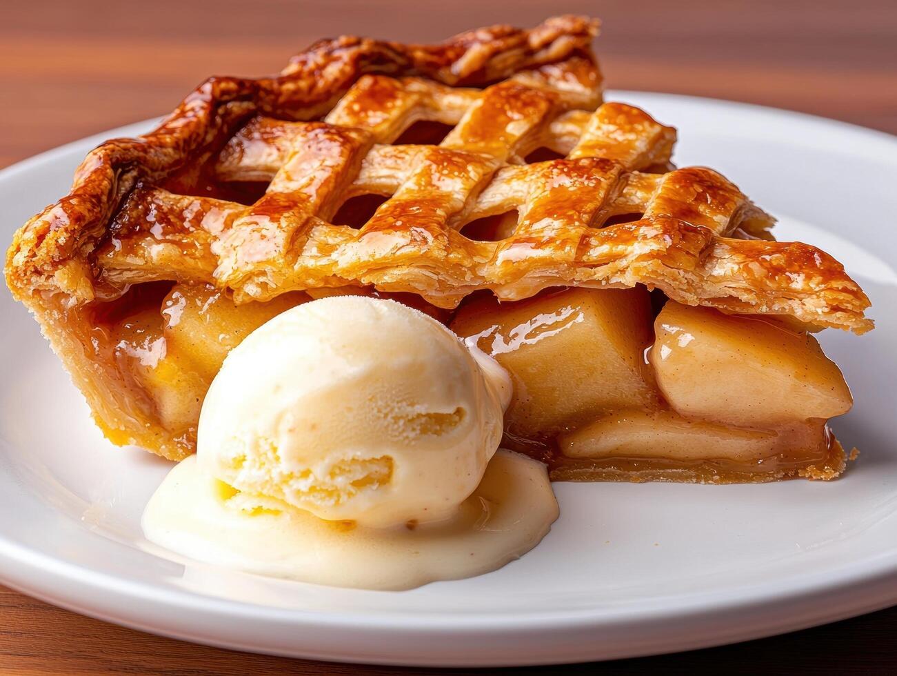 A slice of warm apple pie with a scoop of vanilla ice cream. photo
