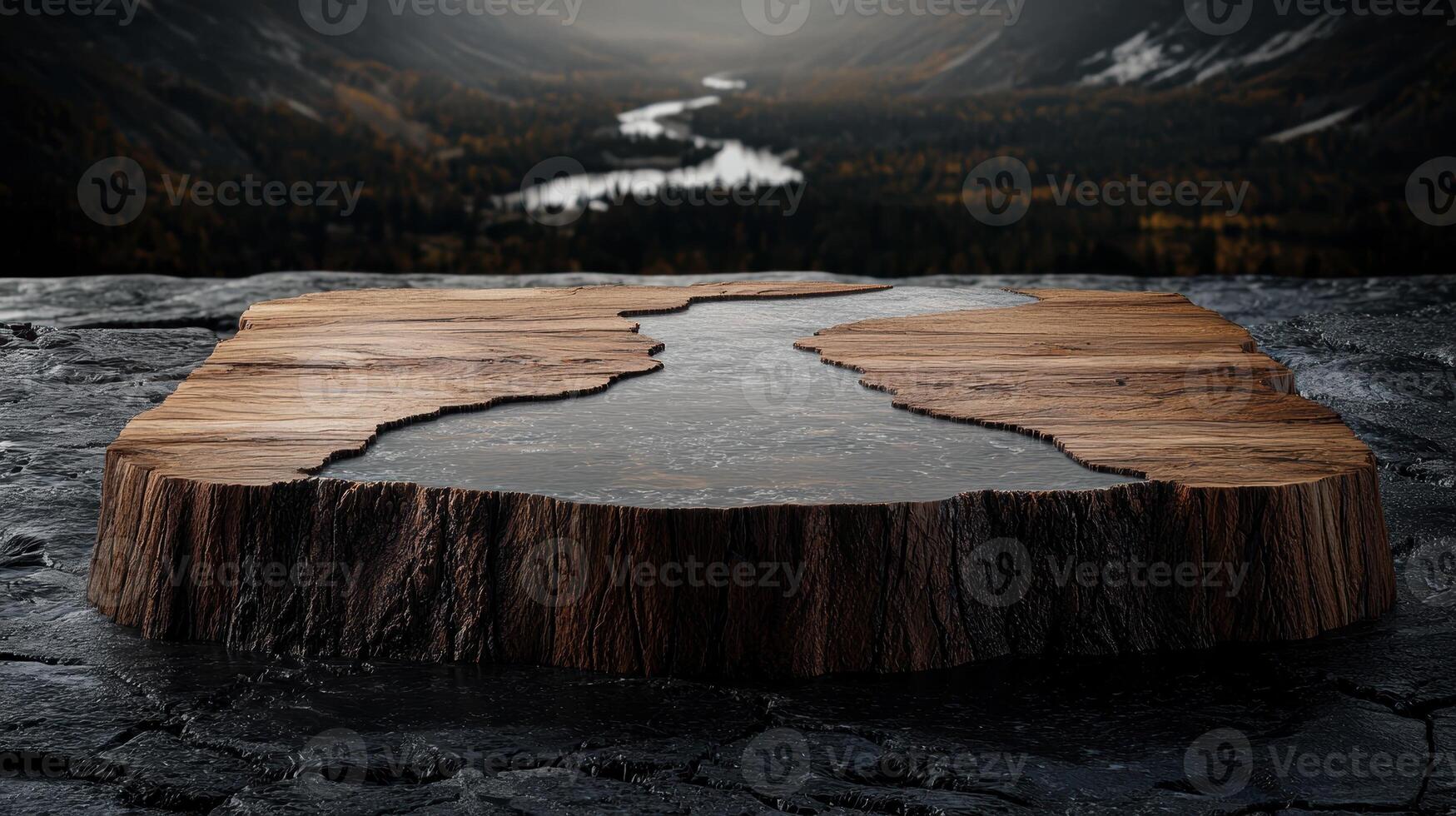 Wooden table with river resin inlay on dark stone background, nature scene photo