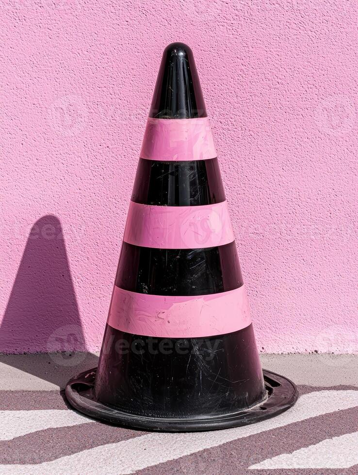 Pink and black traffic cone against pink wall photo