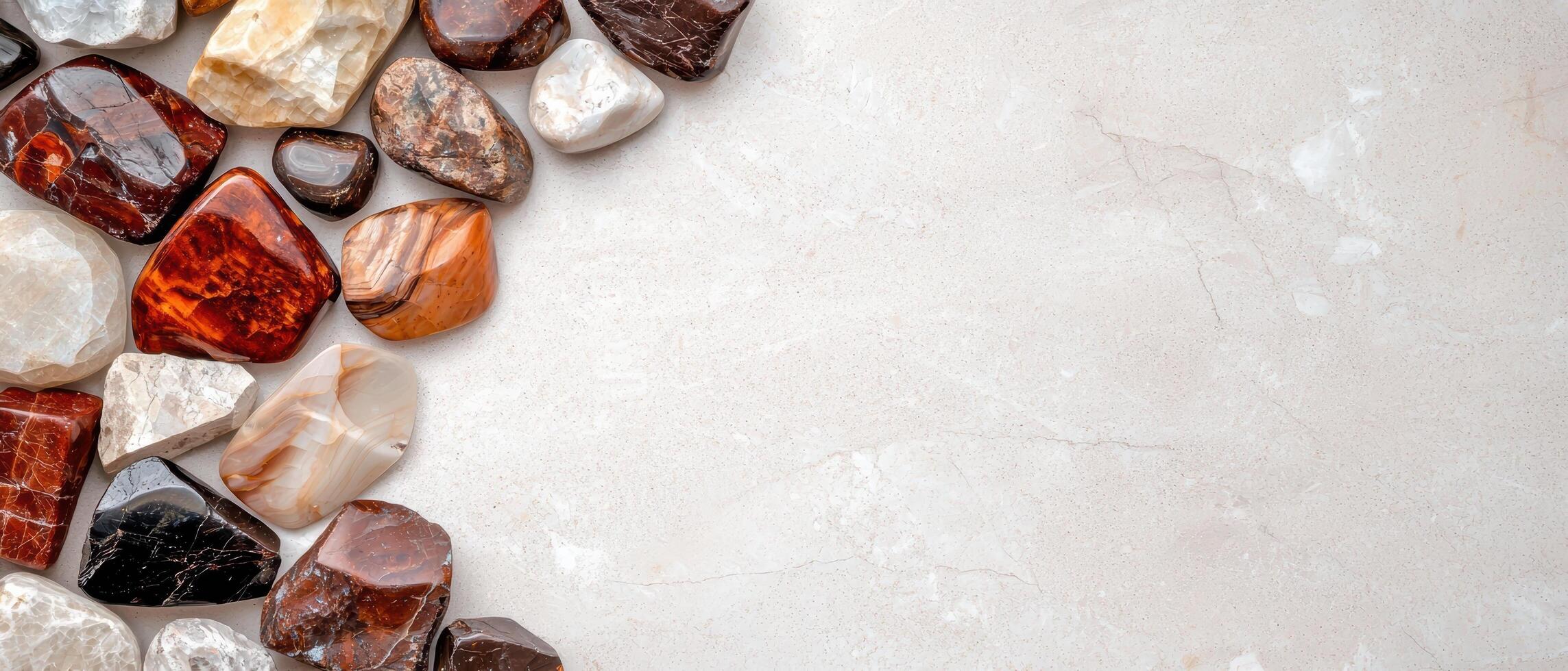 Collection of tumbled stones and crystals on a light background photo
