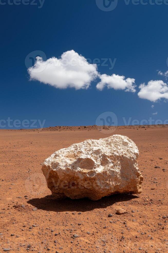Single large rock in a desert landscape under a blue sky photo