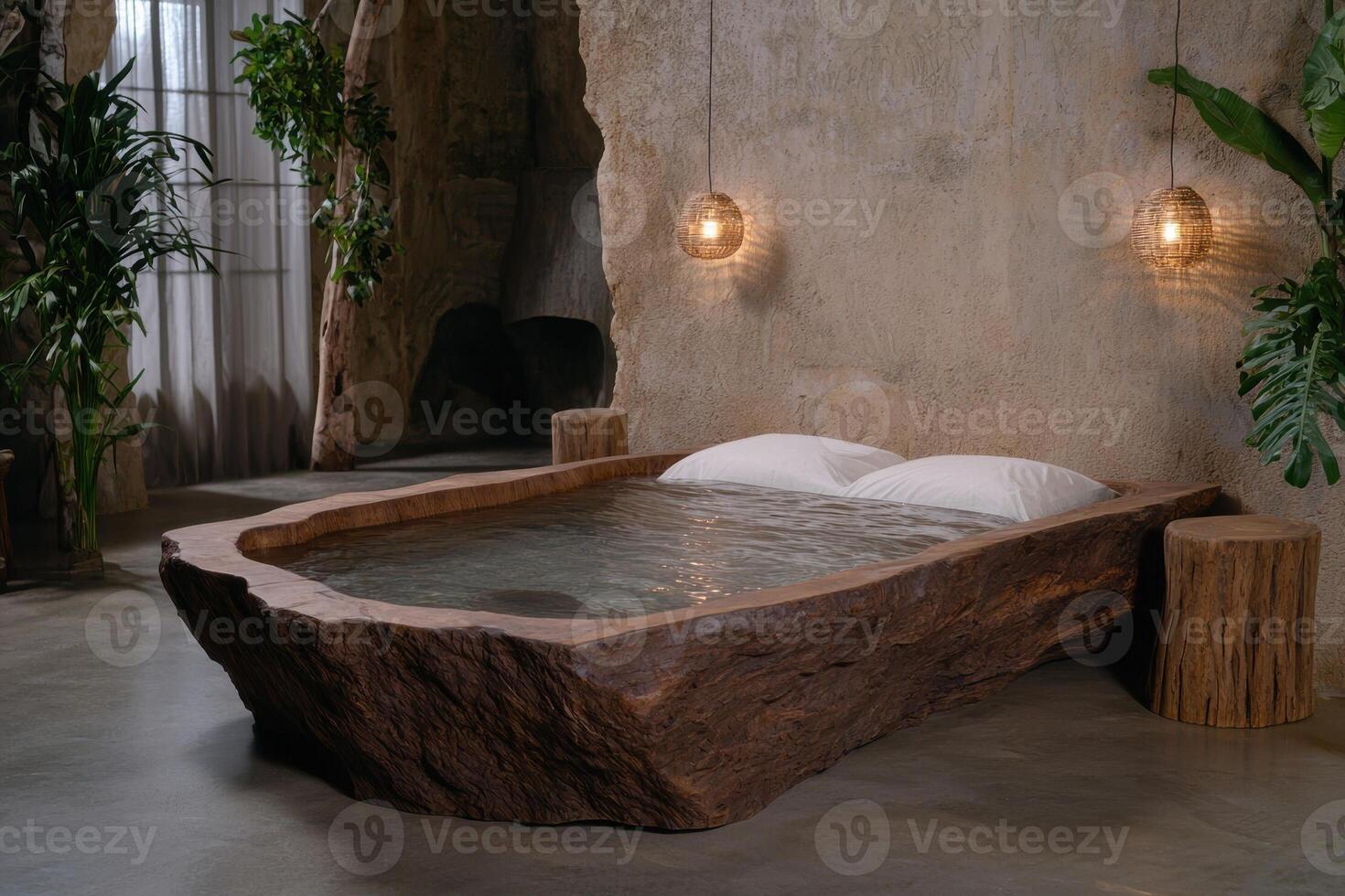 Luxury bathroom with a wooden bathtub and plants photo