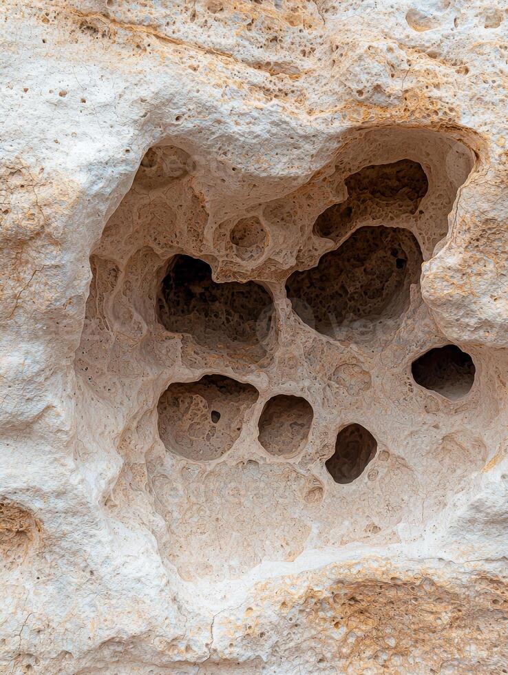 Close up of a textured rock surface with holes and crevices photo
