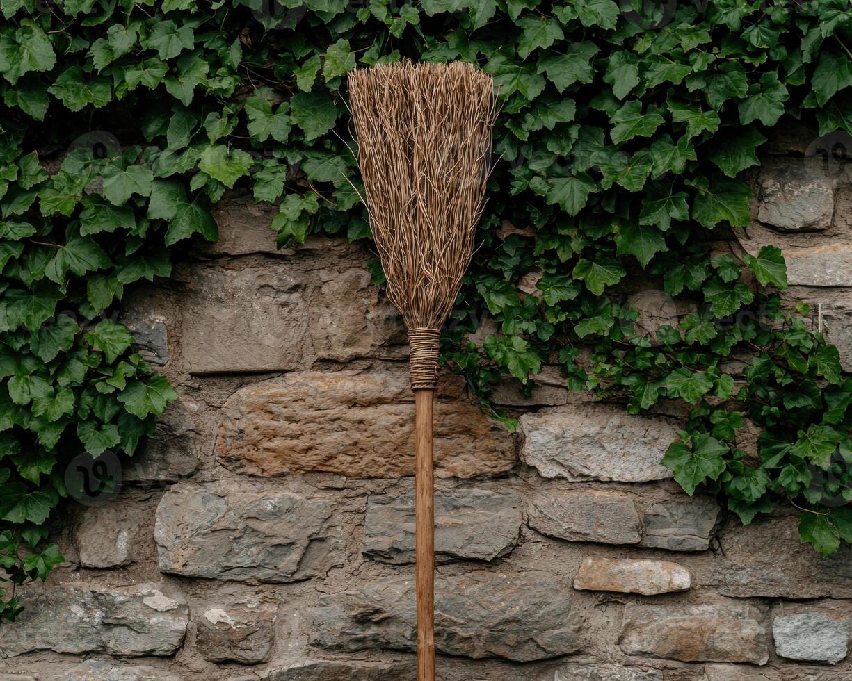 A rustic broom leans against a stone wall covered in ivy photo