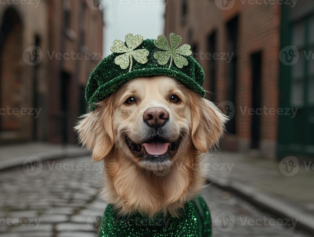 Golden Retriever in Green St Patricks Day Outfit photo
