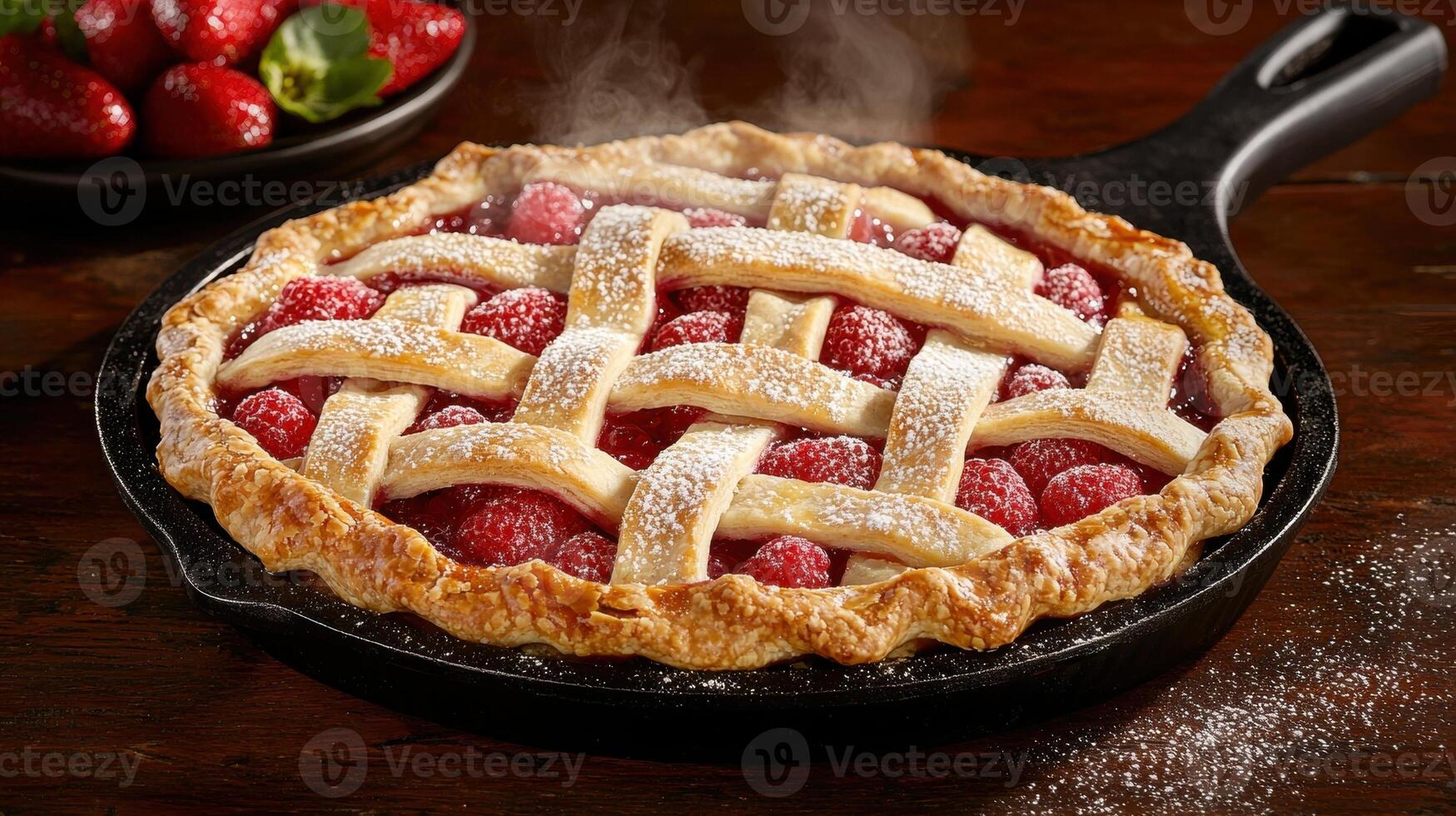 Freshly baked raspberry pie with lattice crust, sprinkled with powdered sugar photo