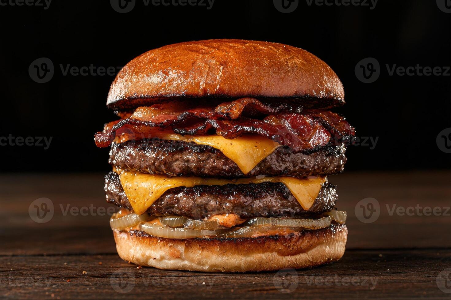Juicy double cheeseburger with bacon and caramelized onions photo