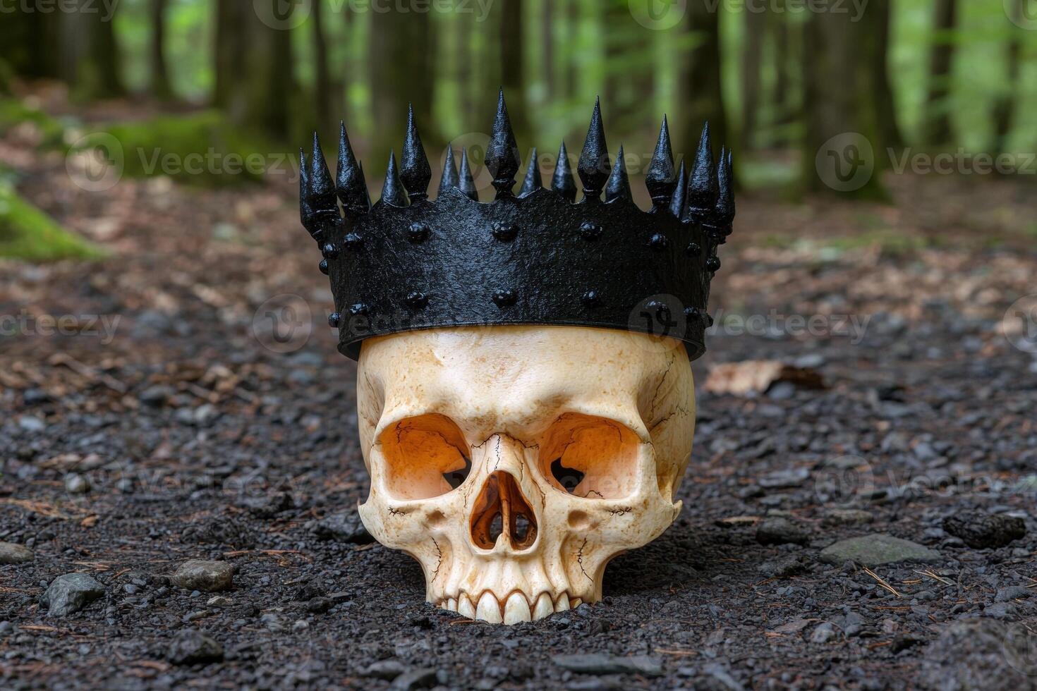 Black crown on a skull in a dark forest photo