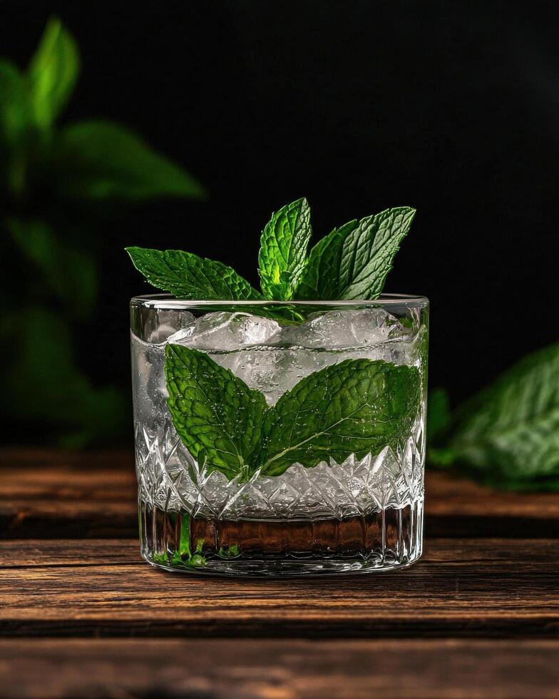 Refreshing mint julep cocktail in a crystal glass with ice cubes. photo