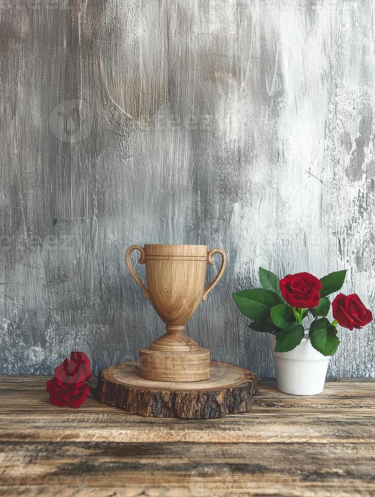 Wooden trophy on rustic wood with red roses photo