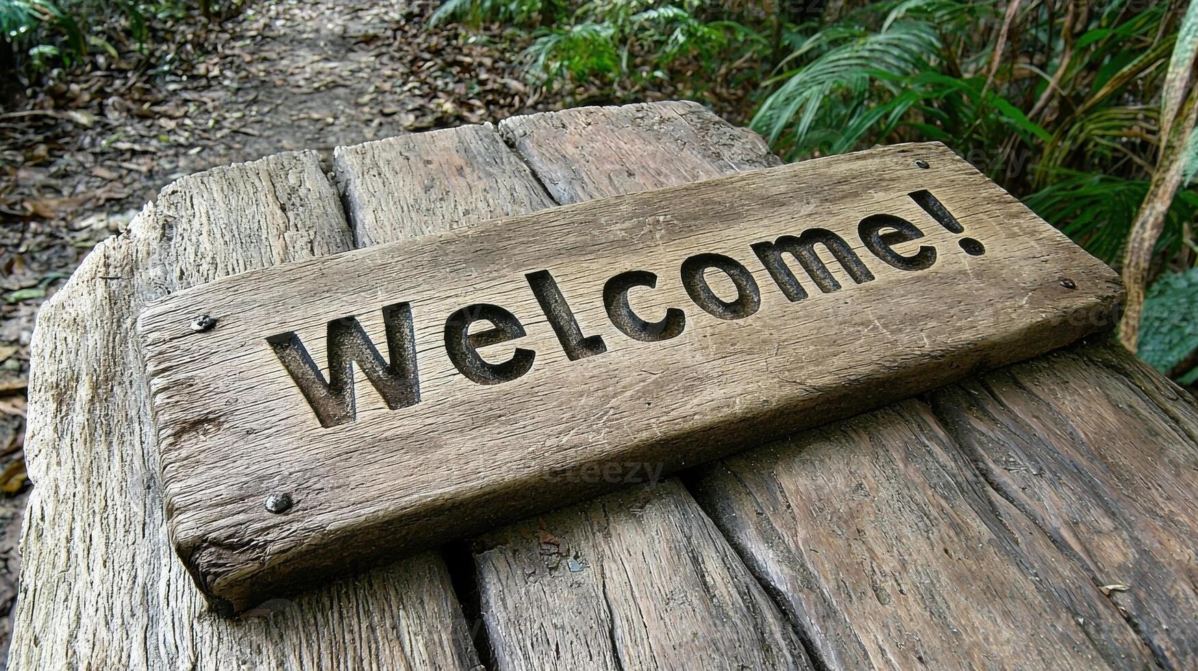 Welcome sign on rustic wooden bench in forest setting photo