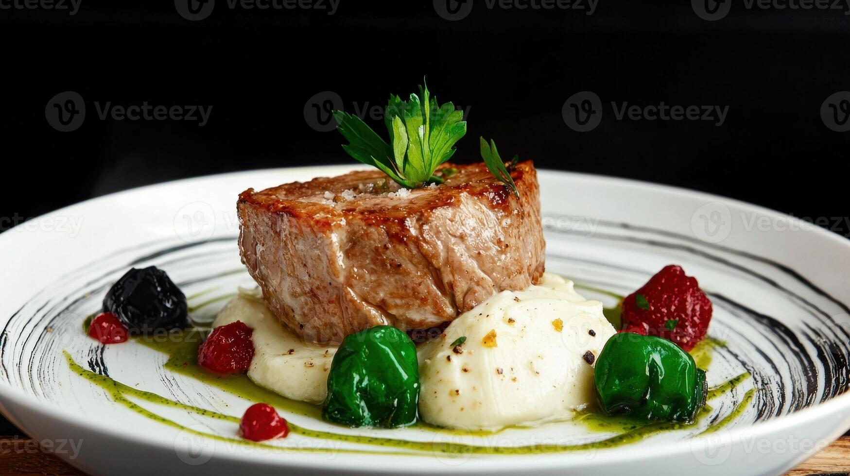 Gourmet plated dish of pan seared meat with creamy mashed potatoes and colorful garnish photo