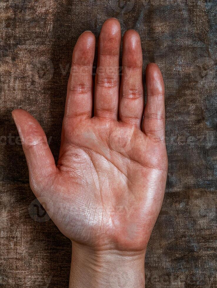 Close up of a persons palm with metallic paint, showing detailed texture and lines photo