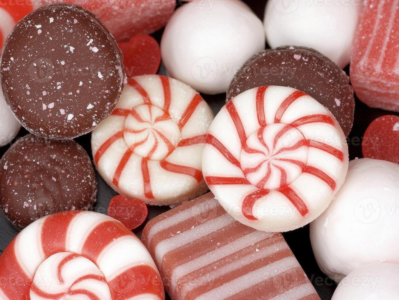 Close up of assorted candies, including peppermint swirls, chocolate candies, and red and white striped candies photo