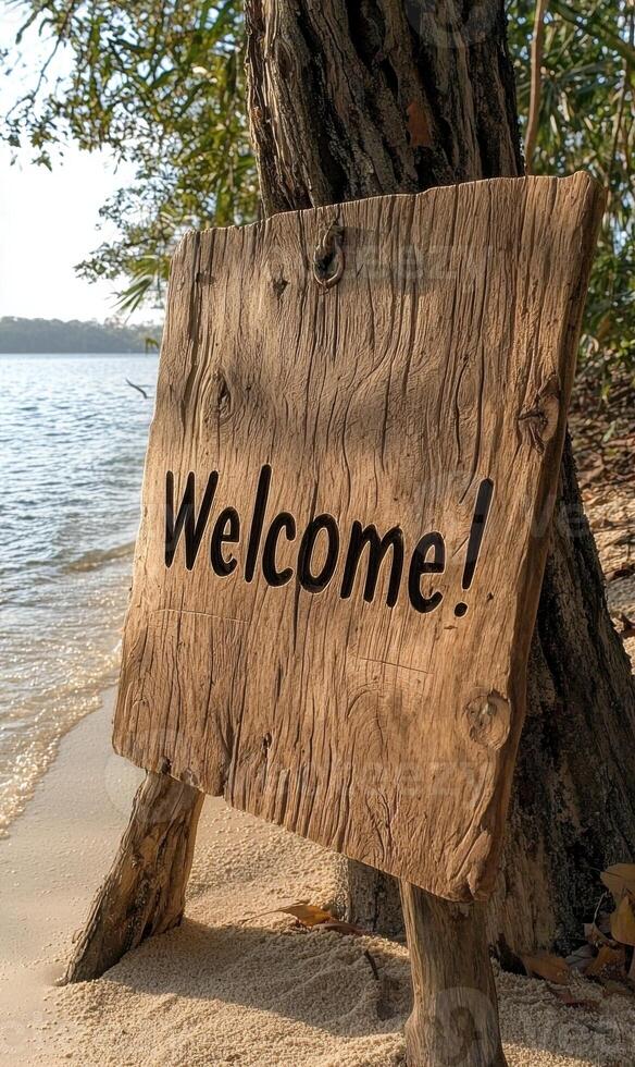 Welcome to paradise. Wooden sign on a tropical beach photo