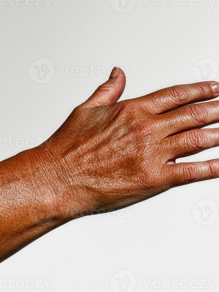 Close up of a tanned hand with wrinkles, showing signs of aging and sun exposure photo