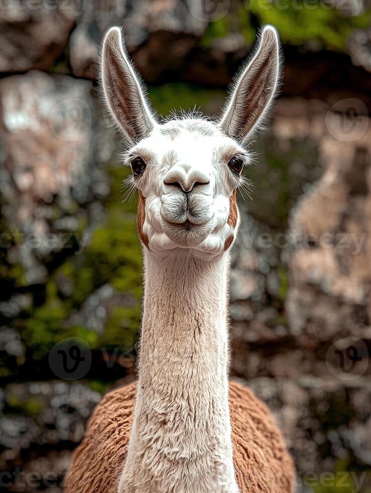 Close up portrait of a fluffy llama looking directly at the camera photo