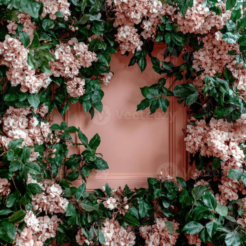 Pink flowers frame a peach background photo