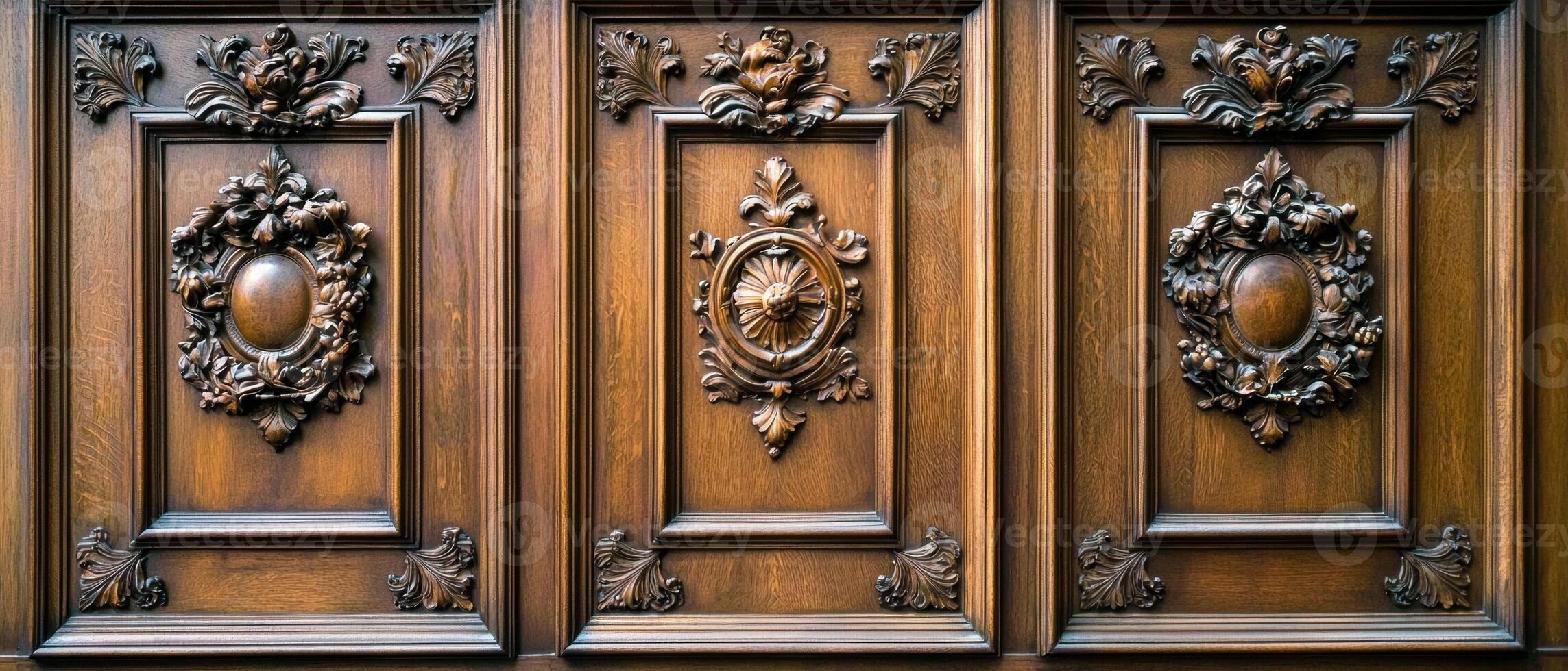 Close up of intricately carved wooden paneling with ornate details photo