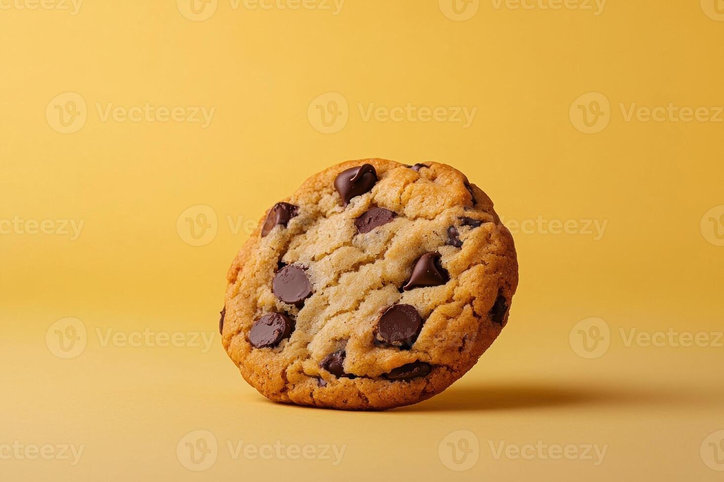 Close up of a delicious chocolate chip cookie on a yellow background photo