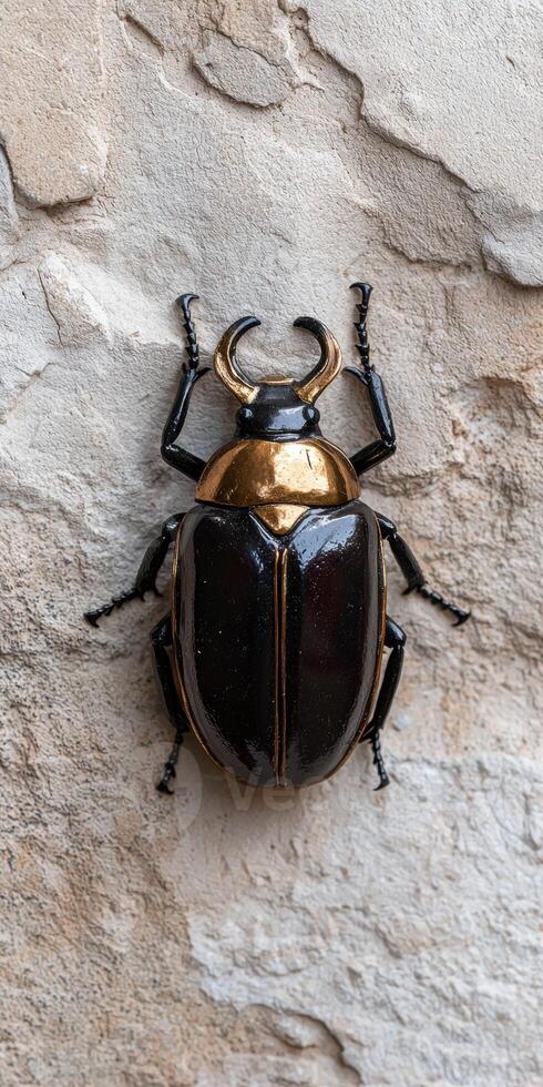Closeup of a black and gold beetle on a textured wall photo