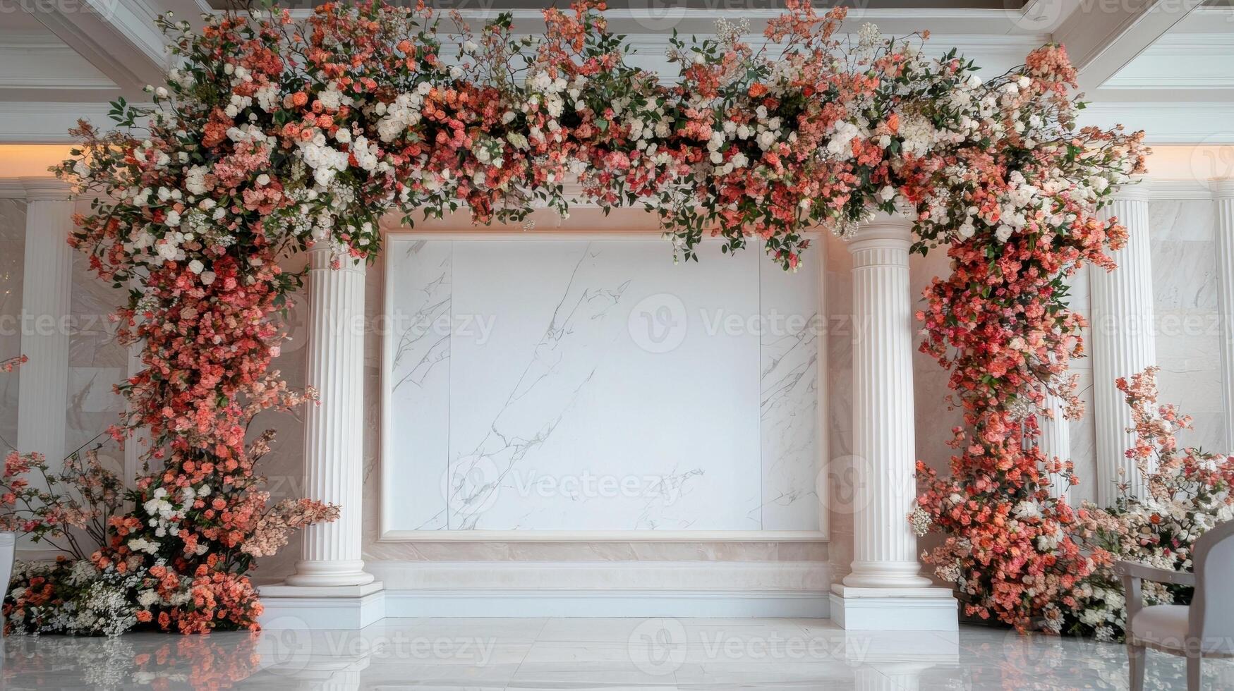 Elegant wedding ceremony floral arch with white columns and marble wall photo