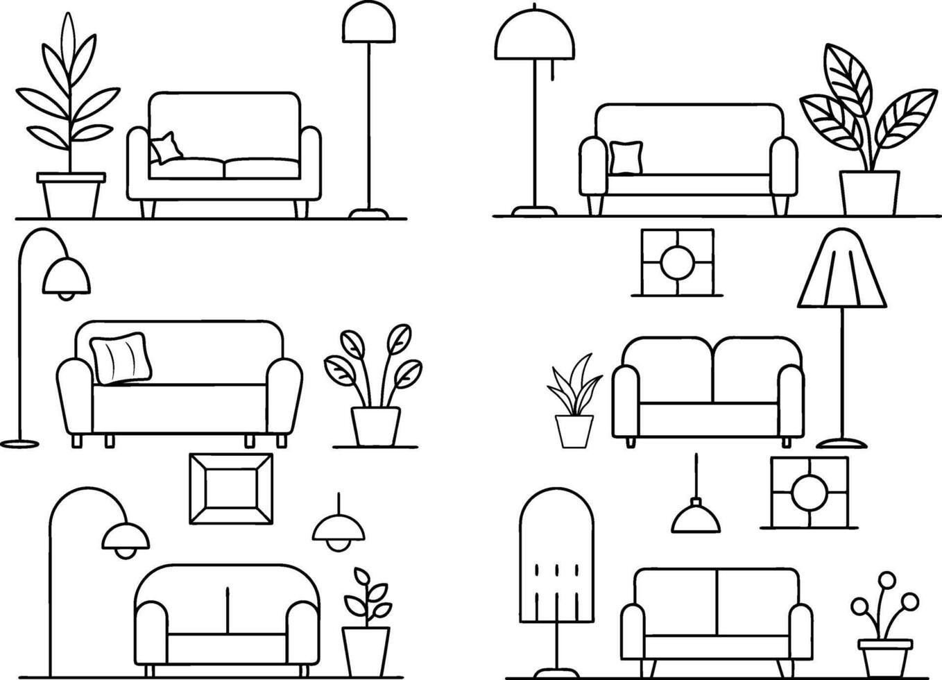 Set Of Decorated Living Room Interior With Stylish Furniture Line Art Illustration On Isolated Background vector