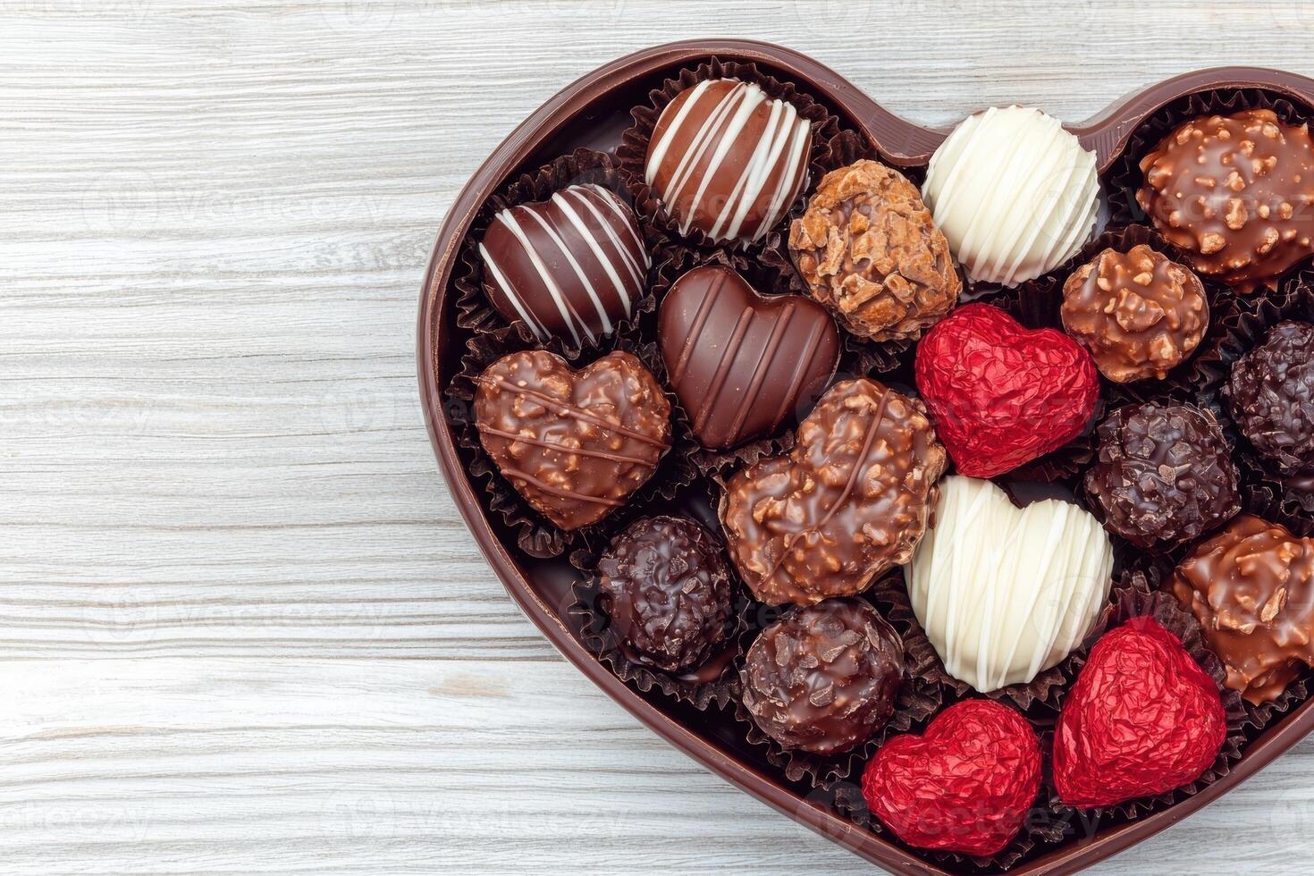 Heart shaped box of assorted chocolates for Valentines Day photo