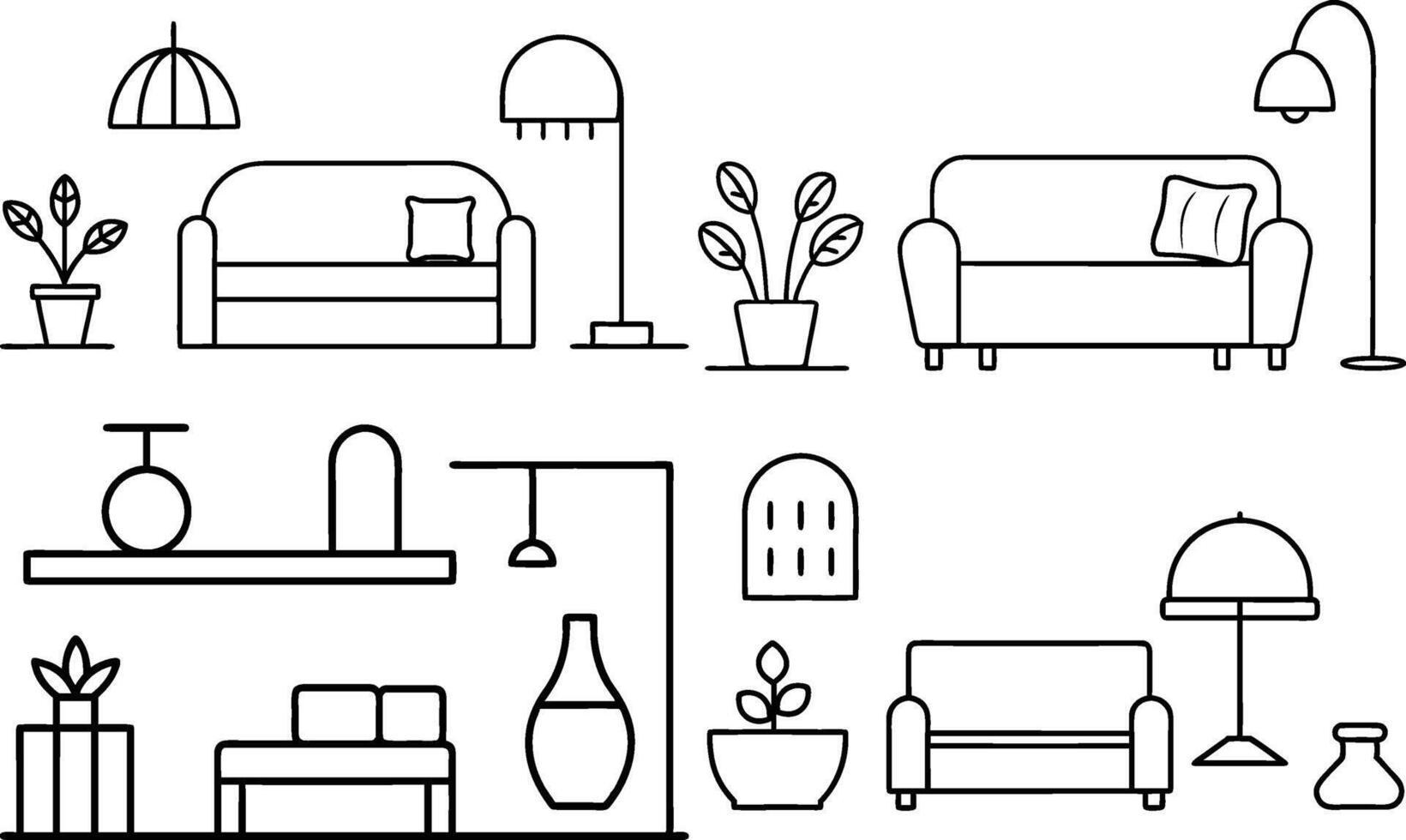 Bundle Of Hand Drawn Living Room Interior With Stylish Furniture Line Art Illustration On Isolated Background vector