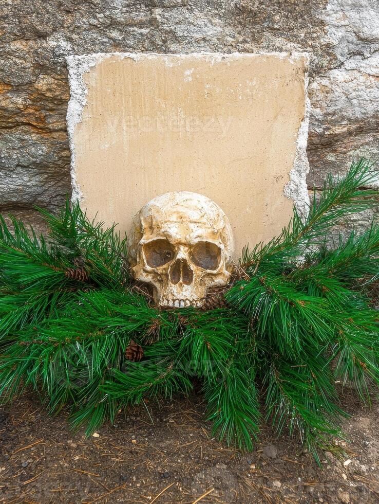 Human skull with pine branches and blank sign on stone background photo