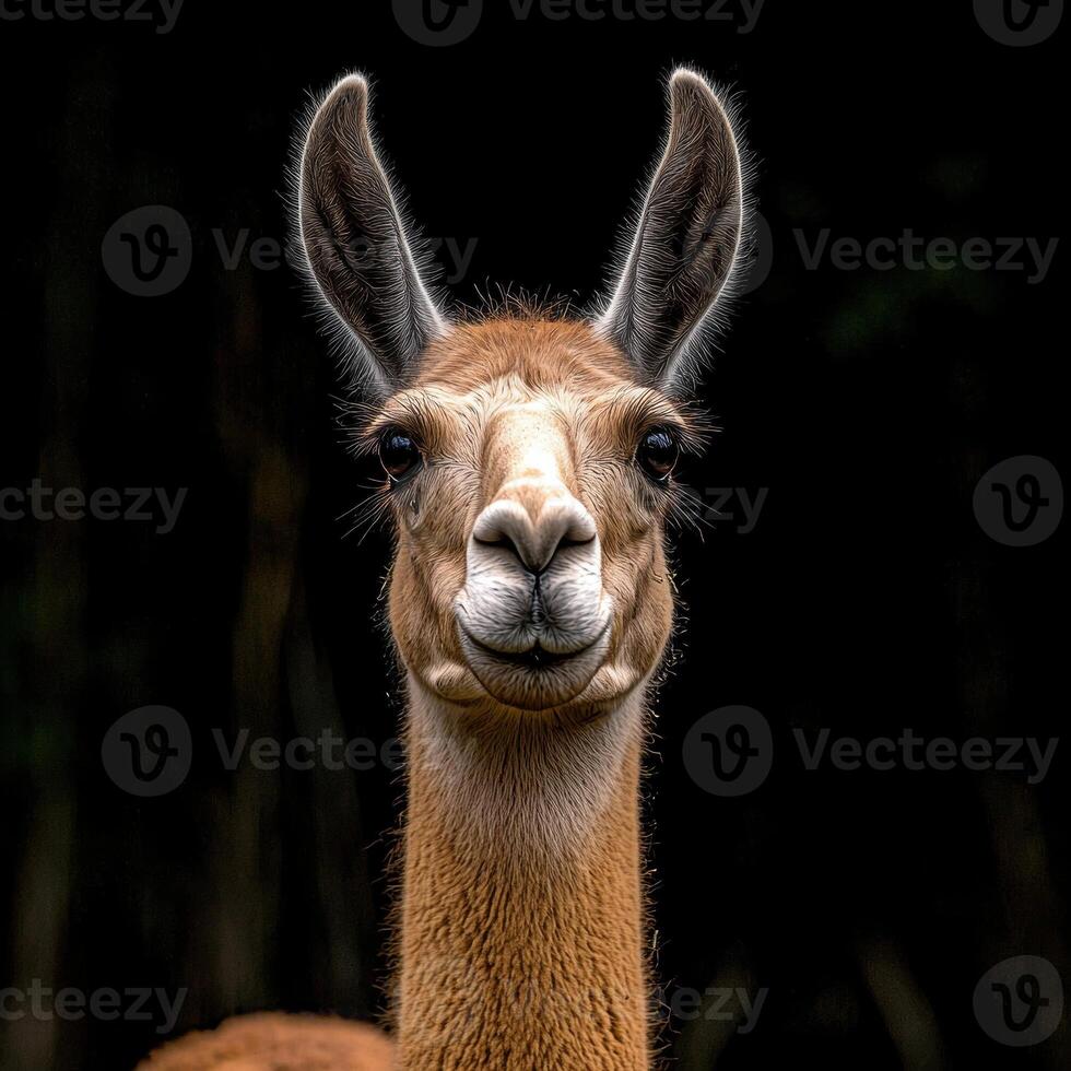 Close up portrait of a llama looking directly at the camera photo