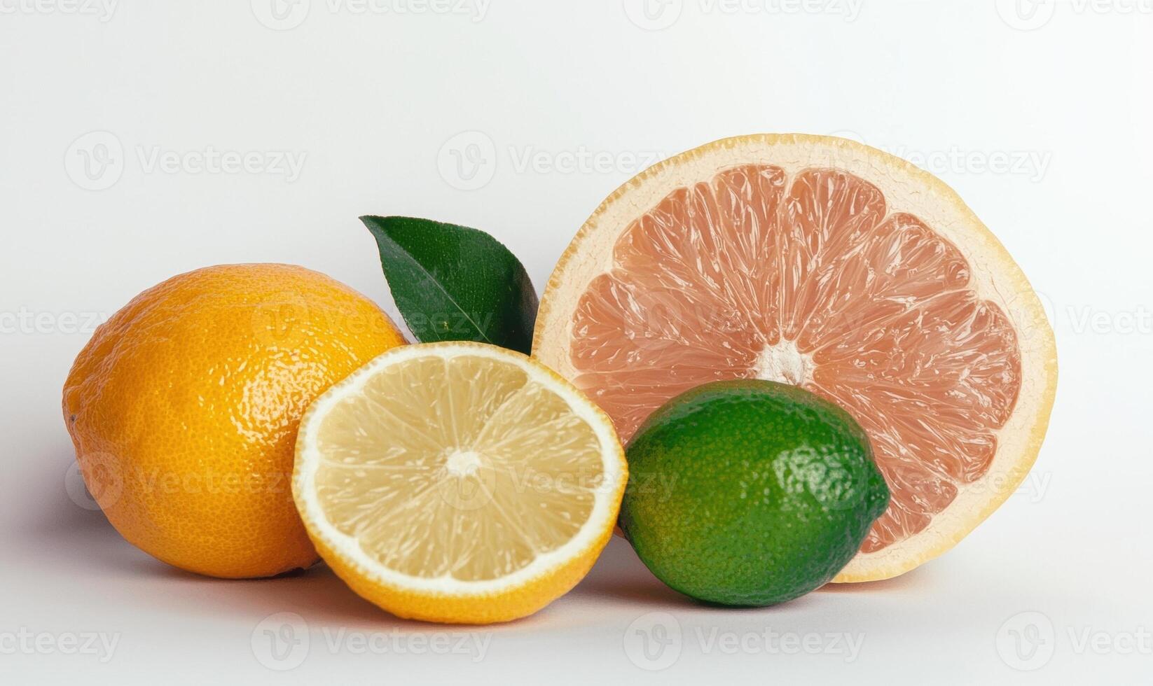 Close up of a lemon, lime, grapefruit, and orange slices on white background photo