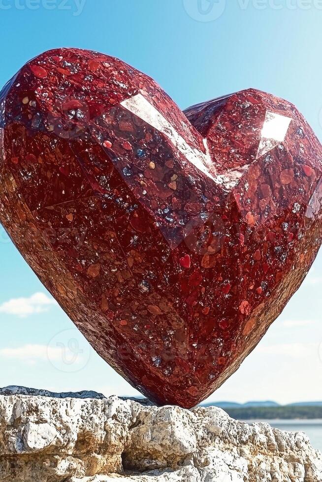 Red heart sculpture on a rock against a blue sky photo