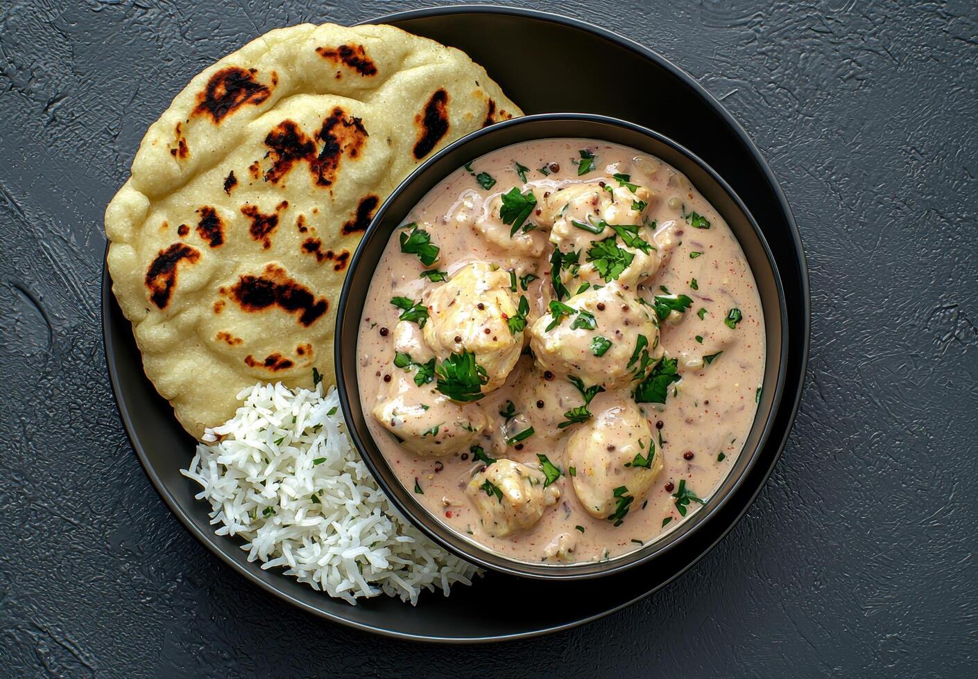 Delicious butter chicken curry served with rice and naan bread. photo