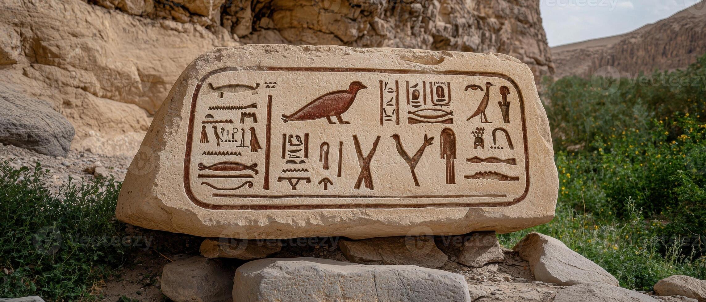 Ancient Egyptian hieroglyphs carved in stone in a desert canyon photo
