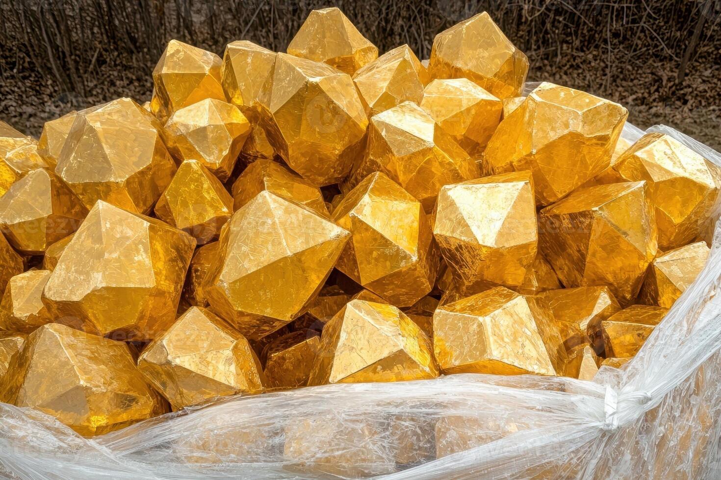 Pile of gold nugget shaped objects in plastic bag photo