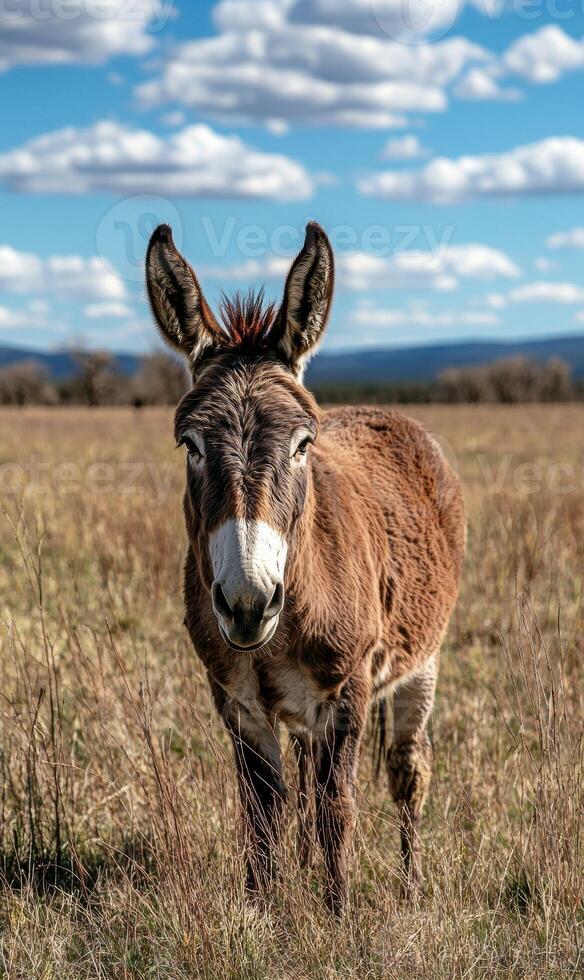 Close up of a brown donkey standing in a field photo